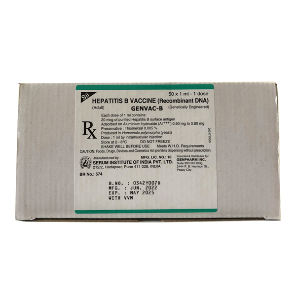 Genvac B (Absorbed Hepatitis B (rDNA)) (20ug/mL) Adult Suspension for IM Injection in 1mL Glass Vial in Box in Box of 50's