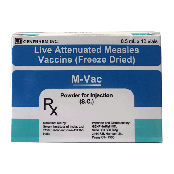 M-Vac (Live Attenuated Measles) (1000 CCID50) Suspension for SC Injection in 0.5mL Amber Glass Vial in Box of 10's