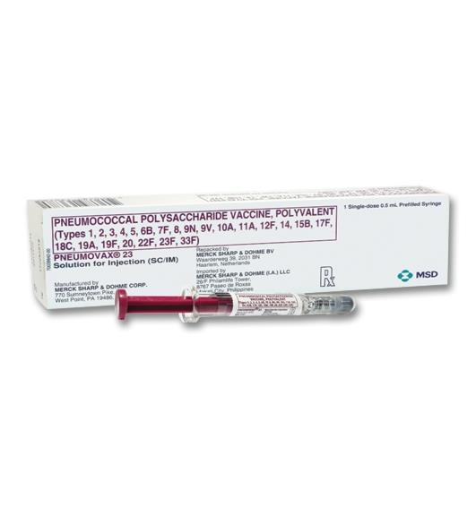 Pneumovax 23 (Pneumococcal conjugate vaccine 23-valent) (25mcg/valent/0.5mL) Suspension for IM Injection in 0.5mL Glass Syringe 1's