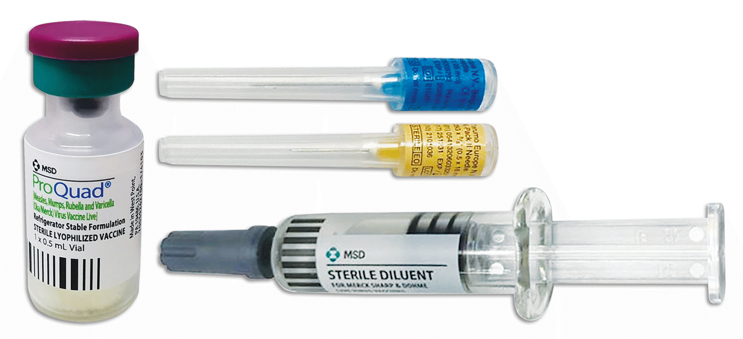 ProQuad (Live Attenuated Measles, Mumps, Rubella, Varicella Virus) (3+4.3+3 TCID50+3.99PFU) Solution for SC Injection in 0.5mL Glass Vial 1's