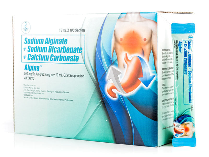 Algina (Sodium Alginate+Sodium Bicarbonate+Calcium Carbonate) Suspension Peppermint Flavour (500+213+325 mg) Sachet 10mL Box 100's