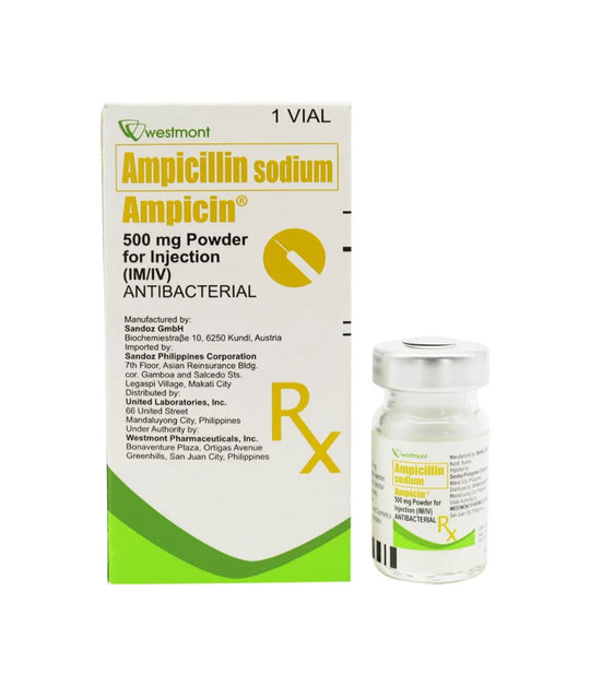 Ampicin (Ampicillin Sodium) Powder, For Solution (500 mg) Vial, Glass Clear 5mL Box 1's