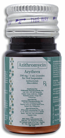Azythrex (Azythromycin Dihydrate) Granules for Oral Suspension 200mg/5mL in !5mL Bottle 1's