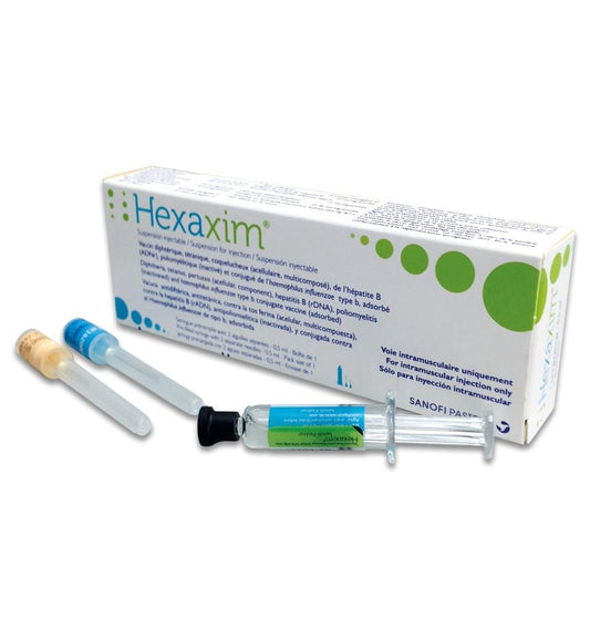 Hexaxim (Tetanus+Diptheria+Pertusis Toxoid+Poliovirus Inactivated+Hepatitis B Ag+H Influenza B) (10+30Lf+40ag+10+12ug) Suspension for IM Injection in 0.5mL Glass Syringe 1's