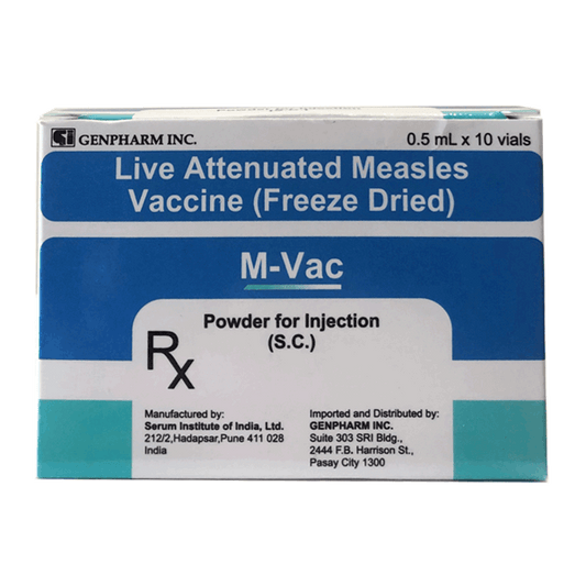 M-Vac (Live Attenuated Measles) (1000 CCID50) Suspension for SC Injection in 0.5mL Amber Glass Vial in Box of 10's