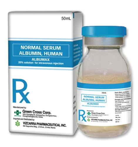 Albumax (Human Normal Serum Albumin) Solution for IV Injection of 20% in 50 mL Clear Glass Vial 1's