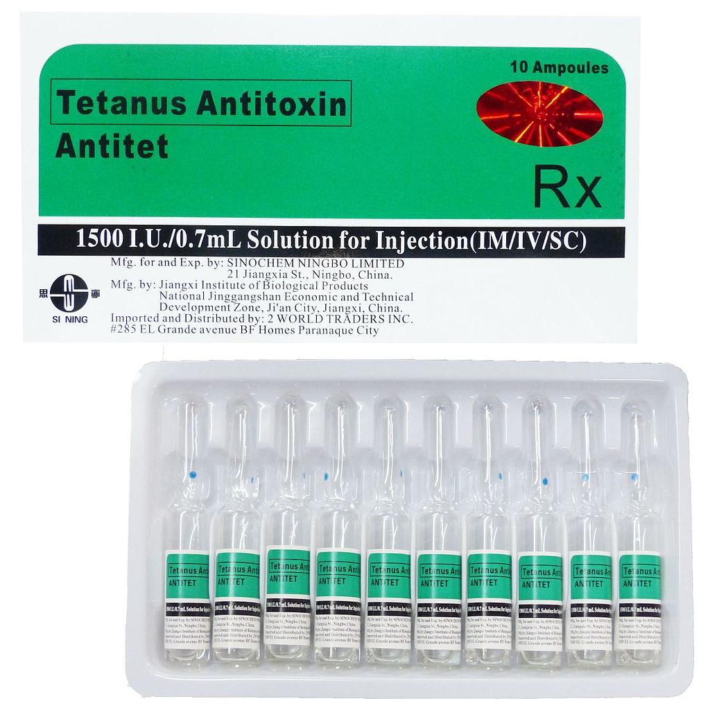 AntiTet (Tetanus Antitoxin) (1500 IU/0.7mL) Solution for IM/SC/IV Injection in 0.5mL Glass Ampoule in Box of 10's