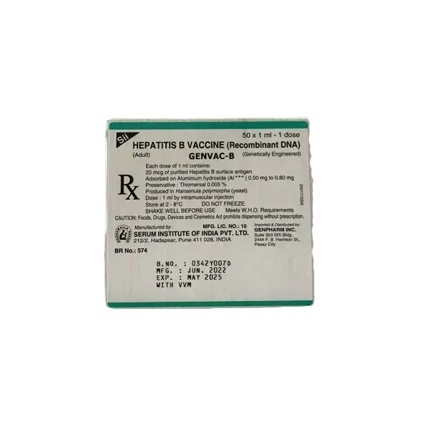 Genvac B (Absorbed Hepatitis B (rDNA)) (20ug/mL) Adult Suspension for IM Injection in 1mL Glass Vial in Box in Box of 50's