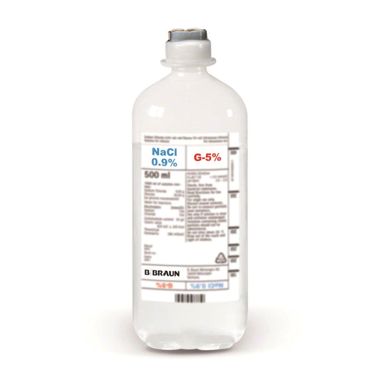 BBraun Dextrose 5% + Sodium Chloride 0.9% Solution Solution for IV Infusion of 500 mL Ecoflac® Plastic Bottle in Box of 10's