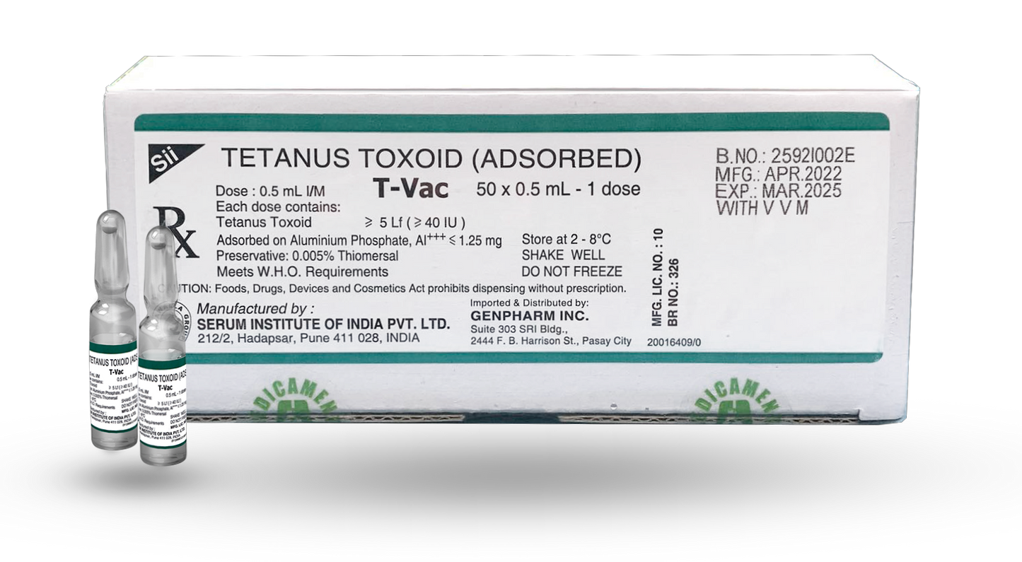 T-Vac (Absorbed Tetanus Toxoid) Solution for IM Injection of ≥ 5 Lf (≥ 40 IU) in 0.5 mL Clear Glass Ampoule in Box of 50's