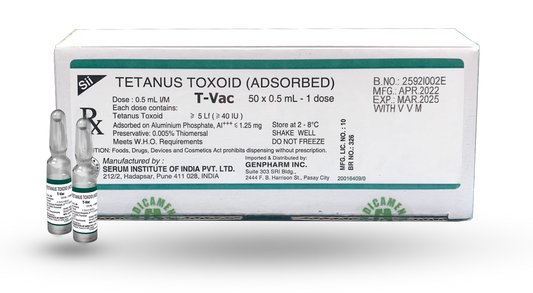 T-Vac (Absorbed Tetanus Toxoid) Solution for IM Injection of ≥ 5 Lf (≥ 40 IU) in 0.5 mL Clear Glass Ampoule in Box of 50's