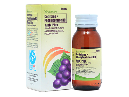 Alnix Plus (Cetirizine Dihydrochloride+Phenylephrine) Syrup (5+5 mg/5ml) Bottle 60mL Box 1's