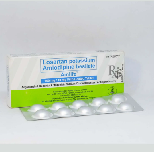 Amlife (Amlodipine+Losartan) Tablet, Film Coated (10+100 mg) Blister Foil 10's Box 30's