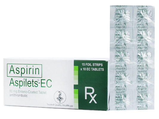 Aspilets EC (Aspirin) Tablet, Enteric Coated (80 mg) Strip, Foil 10's Box 150's