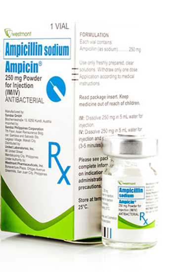 Ampicin (Ampicillin Sodium) Powder, For Solution (250 mg) Vial, Glass Clear 5mL Box 1's