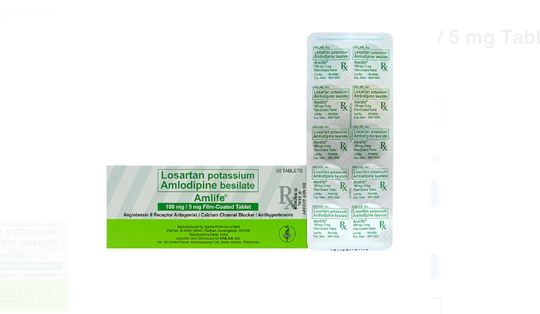 Amlife (Amlodipine+Losartan) Tablet, Film Coated (5+100 mg) Blister Foil 10's Box 30's