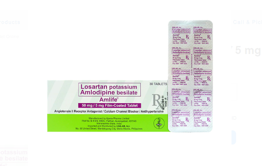 Amlife (Amlodipine+Losartan) Tablet, Film Coated (5+50 mg) Blister Foil 10's Box 30's